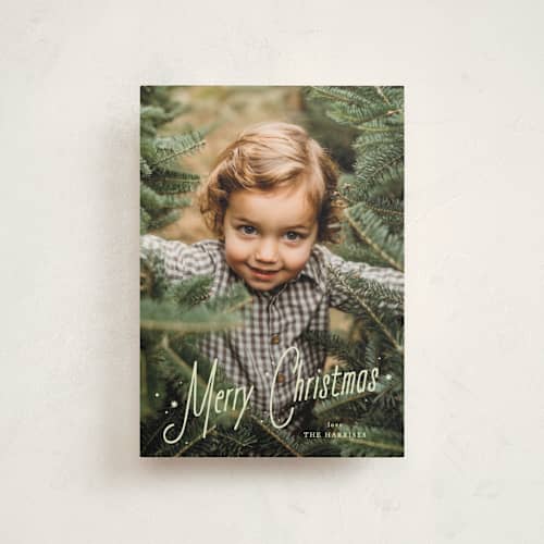 This is a pistachio petite holiday cards with standard by Kate Ahn called cafe printing on signature in petite