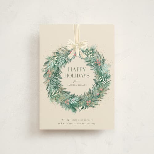 This is a vanilla petite holiday cards with standard by frau brandt called natural wreath printing on signature in petite