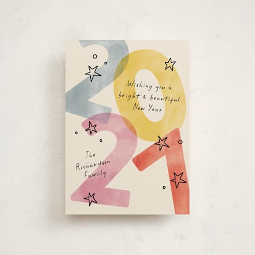 This is a party petite holiday cards with standard by Pixel and Hank called new year stars printing on signature in petite