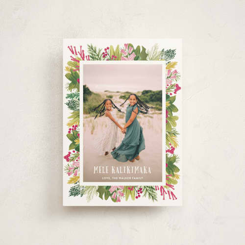 This is a vintage rose christmas postcards with standard by Shiny Penny Studio called tropical pines frame printing on signature in postcard