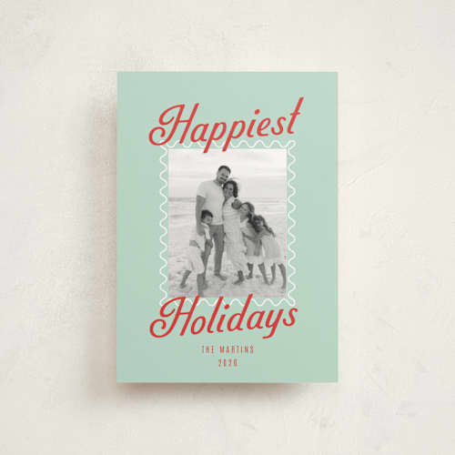 This is a seafoam christmas postcards with standard by Olivia Raufman called happy on holiday printing on signature in postcard