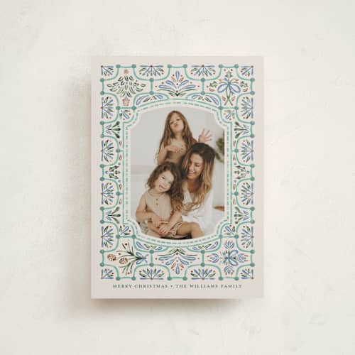 This is a aqua christmas postcards with standard by Paper Sun Studio called festive folk frame printing on signature in postcard