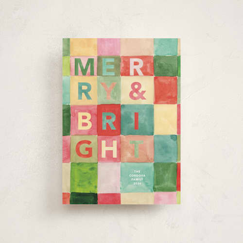 This is a pine christmas postcards with standard by Lindsay Megahed called bright blocks printing on signature in postcard