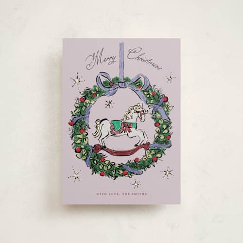 This is a sugar plum christmas postcards with standard by Cass Loh called rocking horse wishes printing on signature in postcard