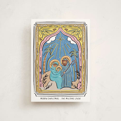 This is a halo christmas postcards with standard by Becky Nimoy called holy family printing on signature in postcard