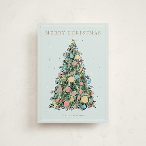 This is a frosted blue christmas postcards with standard by Cass Loh called ornament tree printing on signature in postcard