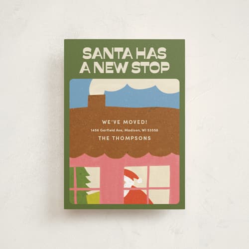 This is a olive christmas postcards with standard by Inkblot Design called santa stop printing on signature in postcard