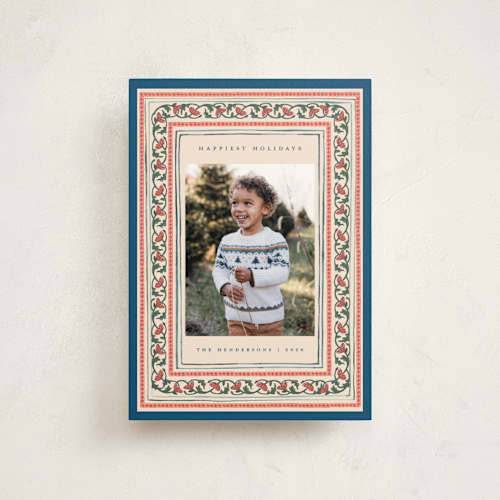 This is a blue jay christmas postcards with standard by Teju Reval called festive block print printing on signature in postcard