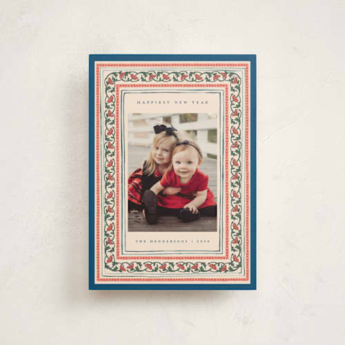 This is a blue jay christmas postcards with standard by Teju Reval called festive block print printing on signature in postcard