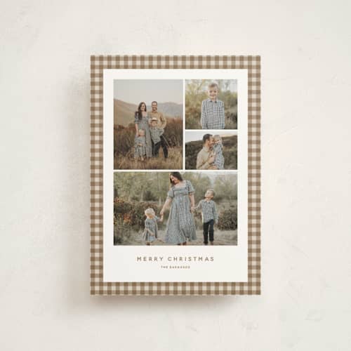 This is a tan christmas postcards with standard by Stacey Meacham called gingham grid printing on signature in postcard