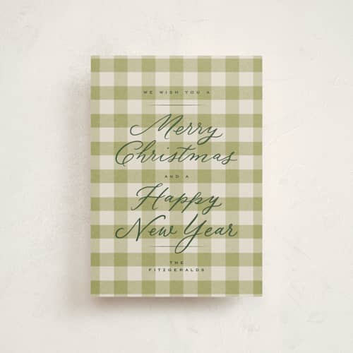 This is a christmas tree christmas postcards with standard by Wildfield Paper Co called pine gingham printing on signature in postcard