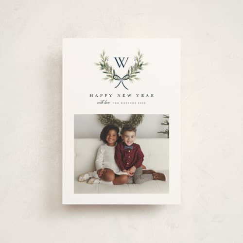 This is a midnight christmas postcards with standard by Melanie Kosuge called monogram wreath printing on signature in postcard