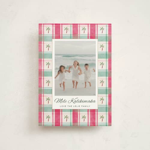 This is a mulberry christmas postcards with standard by Colleen Lelie called tropical plaid christmas printing on signature in postcard