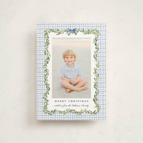 This is a chambray christmas postcards with standard by Sarah Knight called gingham garland printing on signature in postcard