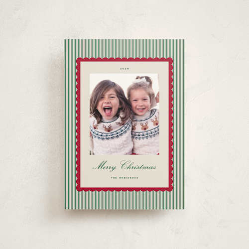 This is a holly christmas postcards with standard by Emily Betts called stripe scallop printing on signature in postcard
