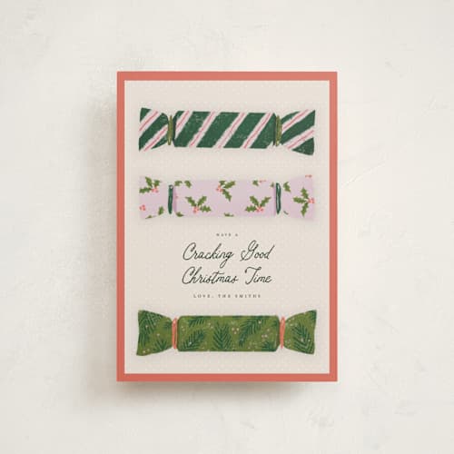 This is a persimmon christmas postcards with standard by Lottie Aldarwish called crackers printing on signature in postcard