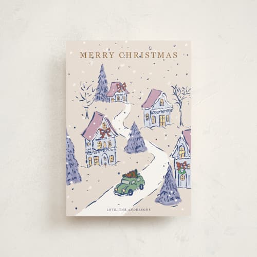 This is a winter spruce christmas postcards with standard by Cass Loh called snowy village drive printing on signature in postcard
