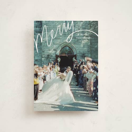This is a wedding cake christmas postcards with standard by Becky Nimoy called merry hand lettered script printing on signature in postcard