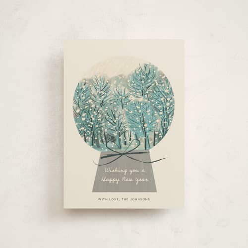 This is a wintergreen christmas postcards with standard by Ani Somi called winter forest snow globe printing on signature in postcard