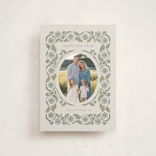 This is a cottage blue christmas postcards with standard by Jen Owens called heritage wrap printing on signature in postcard