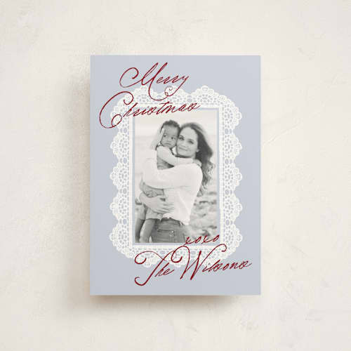 This is a fog christmas postcards with standard by AK Graphics called lace doilie printing on signature in postcard