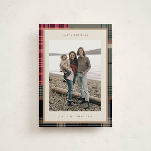 This is a rustic christmas postcards with standard by Makewells called antiqued plaid printing on signature in postcard