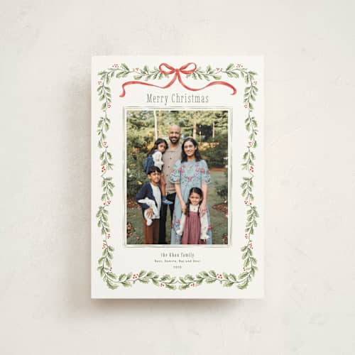 This is a candy cane christmas postcards with standard by Paula Pecevich called holly garland and bow printing on signature in postcard