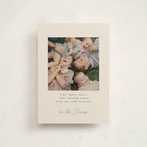 This is a evergreen christmas postcards with standard by Kristie Kern called the crew printing on signature in postcard