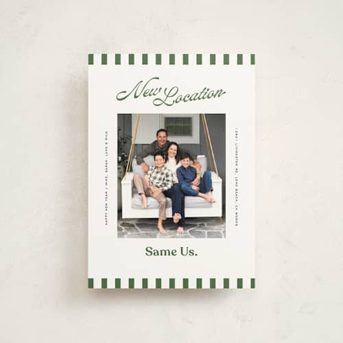 This is a spruce christmas postcards with standard by Owl and Toad called new location printing on signature in postcard