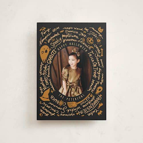 This is a jack o lantern halloween party invitations cards with standard by Ghia Designs called spell circle printing on signature in postcard