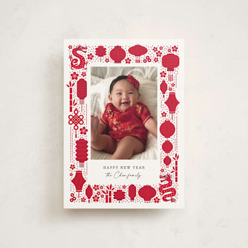 This is a cherry chinese new year cards with standard by Penny Eversole called lanterns and dragons printing on signature in postcard