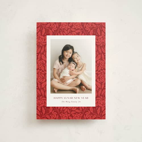 This is a cherry chinese new year cards with standard by Yaling Hou Suzuki called chinese textile printing on signature in postcard