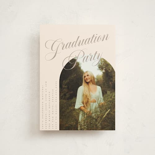 This is a almond graduation invitations with standard by Morgan Kendall called modern curves printing on signature in petite