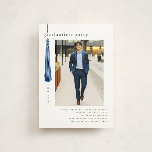 This is a cobalt graduation invitations with standard by Ashlee Townsend called tassled printing on signature in petite