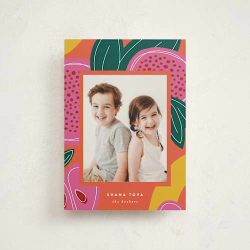 This is a apricot rosh hashanah cards with standard by Jessica Corliss called fruitful celebration printing on signature in postcard