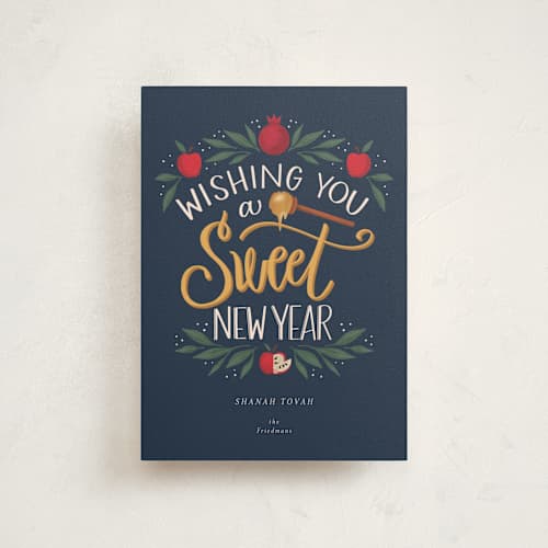 This is a navy rosh hashanah cards with standard by Cindy Reynolds called sweet new year printing on signature in postcard