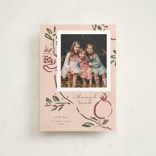 This is a petal rosh hashanah cards with standard by Emily Sabol Goss called painted pomegranate printing on signature in postcard