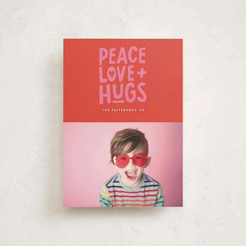 This is a cherry valentine postcards with standard by Jessica Corliss called peace love hugs printing on signature in postcard