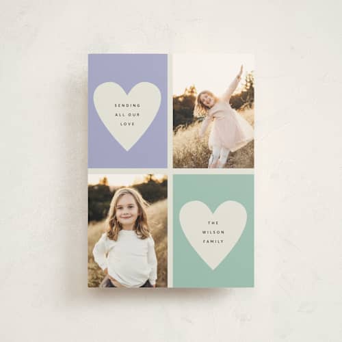 This is a juniper valentine postcards with standard by Kelly Watkins called double hearts printing on signature in postcard
