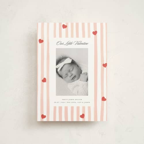 This is a blush valentine postcards with standard by Teju Reval called stripes and hearts printing on signature in postcard