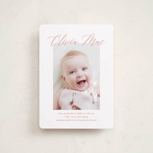 This is a sweet pea petite birth announcements with standard by Jennifer Postorino called sweet script printing on recycled smooth signature in petite