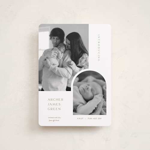 This is a cotton petite birth announcements with standard by Robin Ott called modern inset printing on recycled smooth signature in petite
