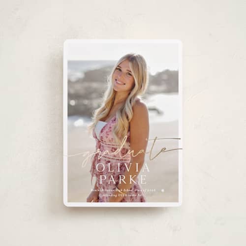 This is a snow graduation announcements with foil pressed by Sarah Curry called graduate script printing on recycled smooth signature in petite