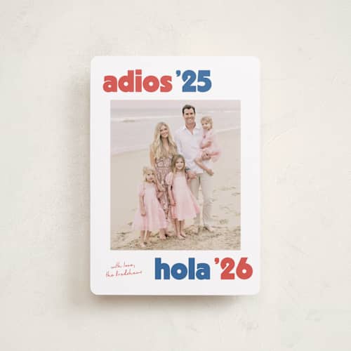 This is a azure petite holiday cards with standard by Megan Davis called adios printing on recycled smooth signature in petite