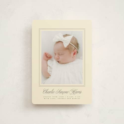This is a creme petite birth announcements with standard by mo kelley called classical border printing on signature in petite