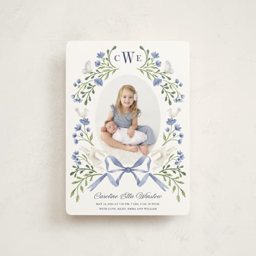 This is a bluebell petite birth announcements with standard by Alice Nelen called floral forest friends printing on signature in petite