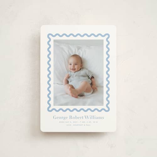 This is a bluebell petite birth announcements with standard by Megan Davis called ric rac printing on signature in petite