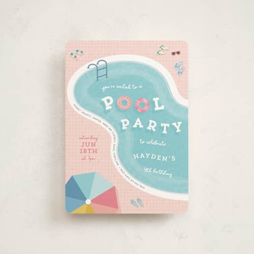 This is a coral petite kids birthday invitations with standard by Lisa McLean called cool pool party printing on signature in petite