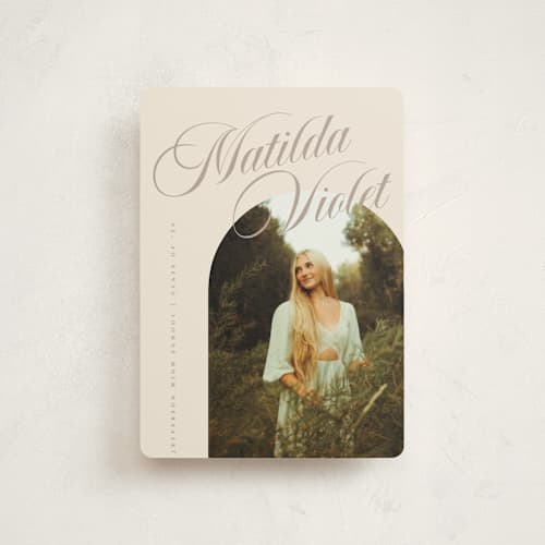 This is a almond graduation announcements with standard by Morgan Kendall called modern curves printing on signature in petite