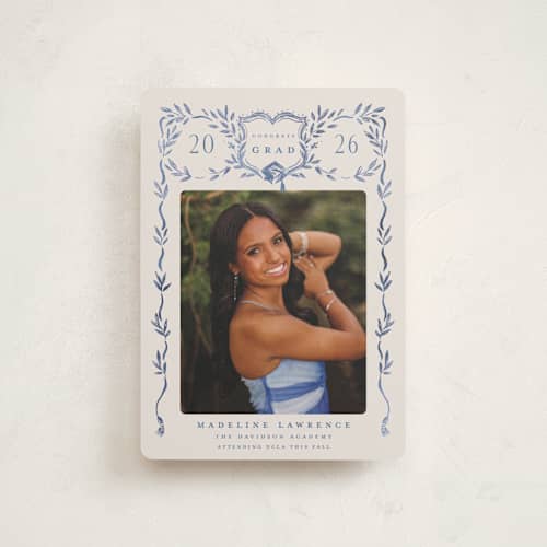 This is a indigo graduation announcements with standard by Petra Kern called grad crest printing on signature in petite